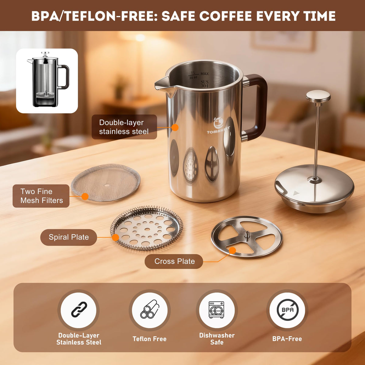 1L Stainless Steel French Press Coffee Maker D709