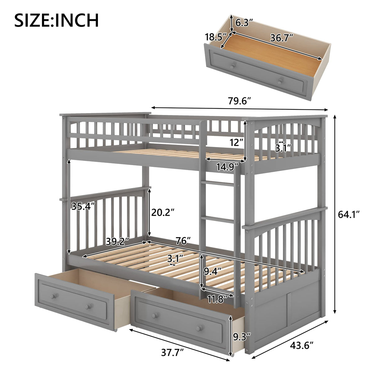 Grey Convertible Wood Twin-Over-Twin Bunk Bed with Storage Drawers and Ladder T538