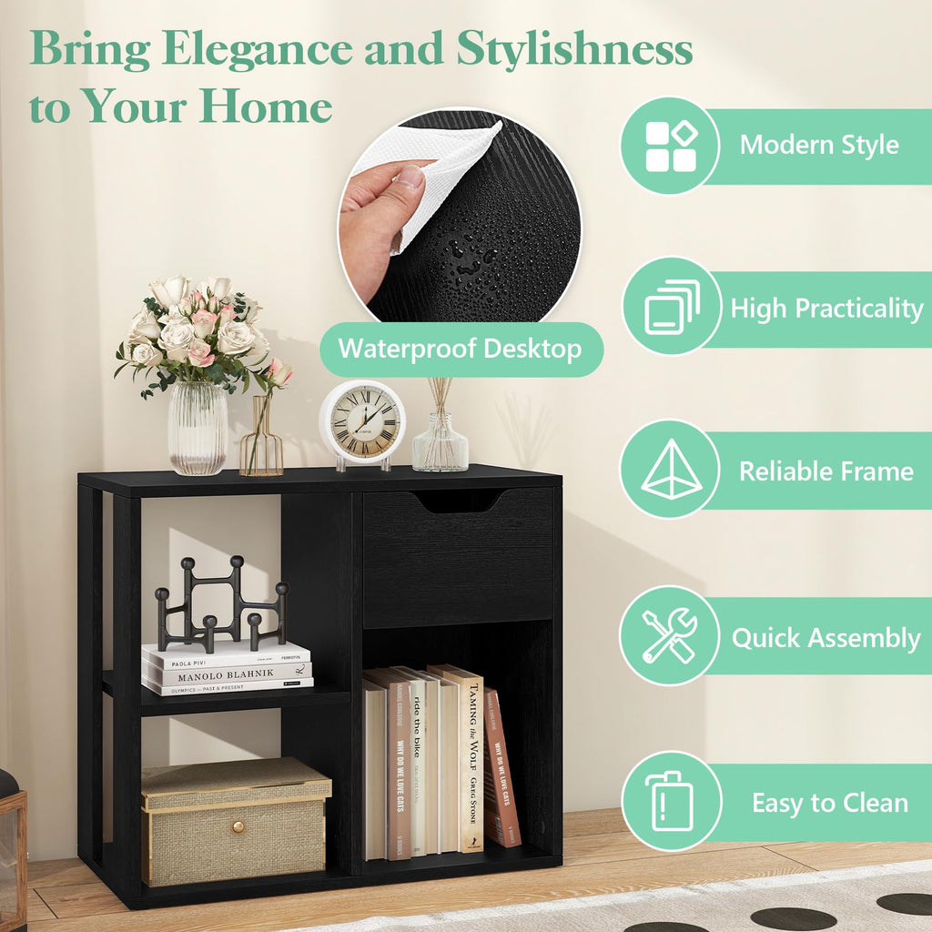 3 Cube Black Bookcase with Drawer K371
