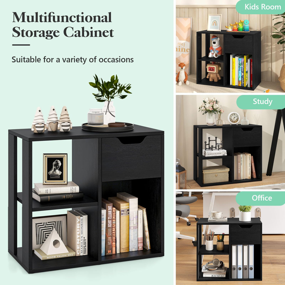 3 Cube Black Bookcase with Drawer K371