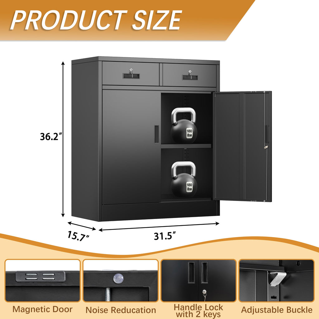 36" H Black Metal Storage Cabinet with 2 Drawers M2930