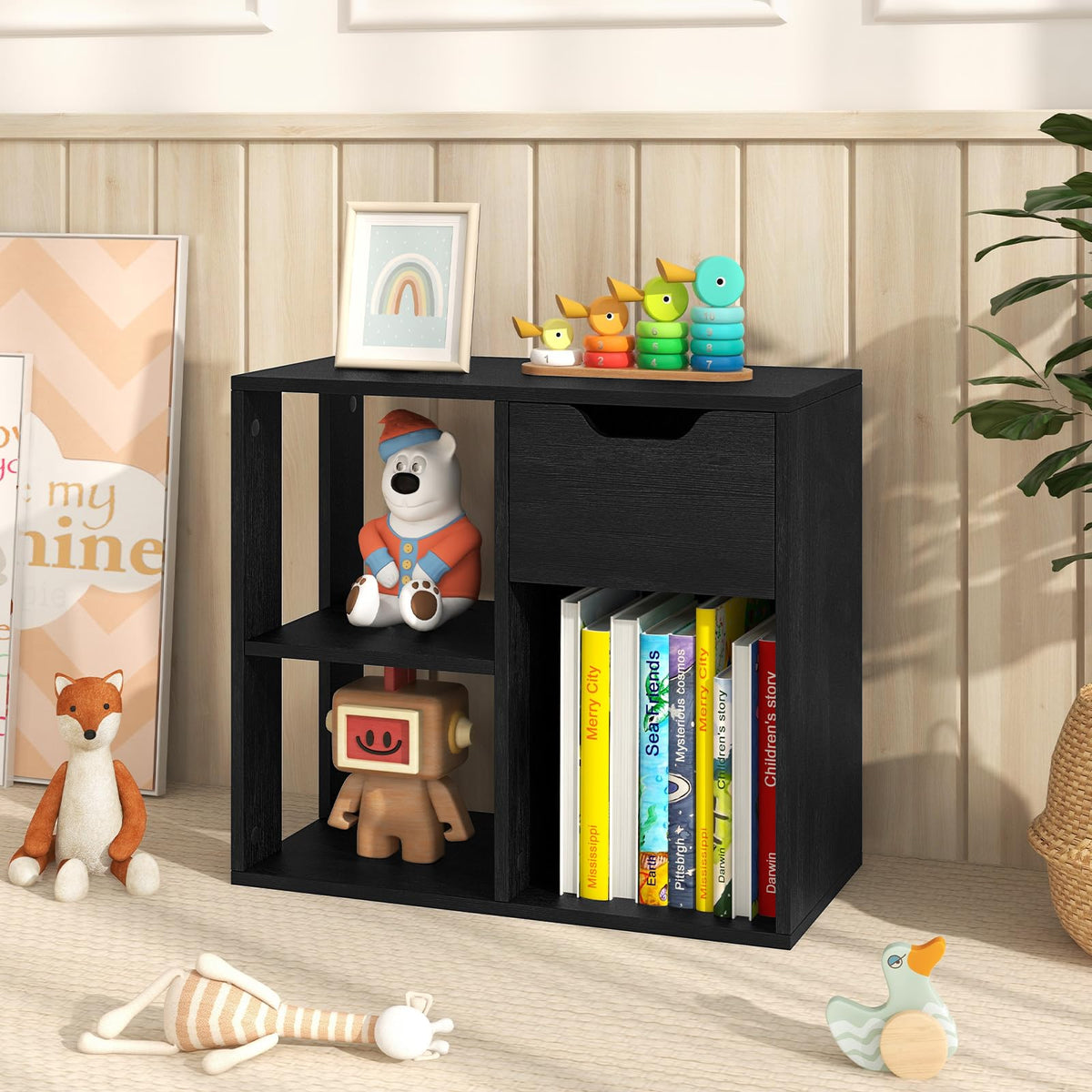 3 Cube Black Bookcase with Drawer K371