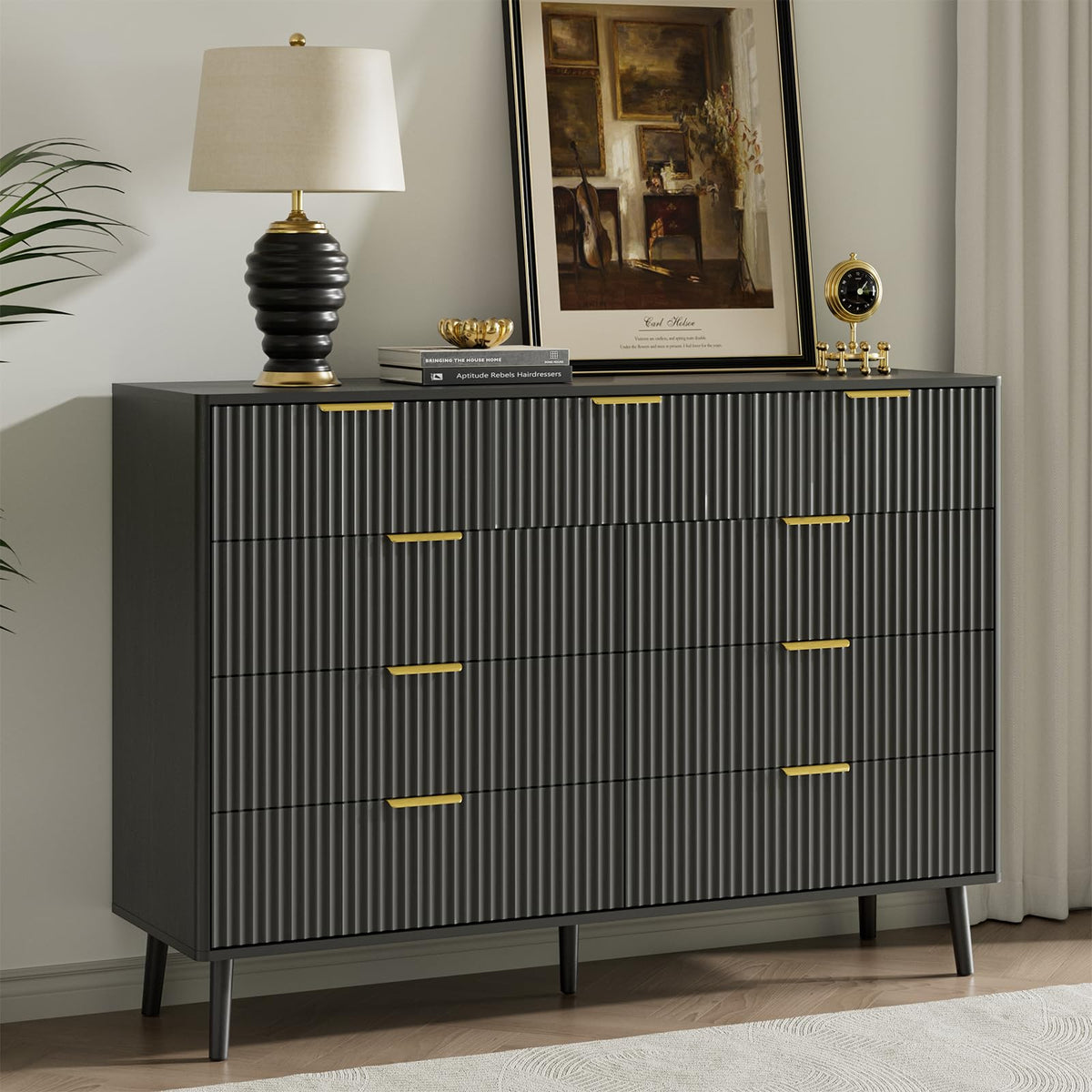 Black 9 Drawer Fluted Wood Dresser T566