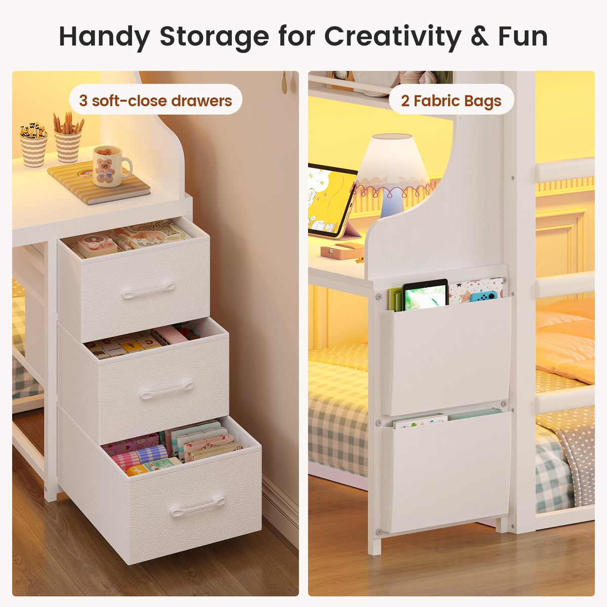 White Twin Over Twin Low Bunk Bed with Desk & 3 Storage Drawers W9035