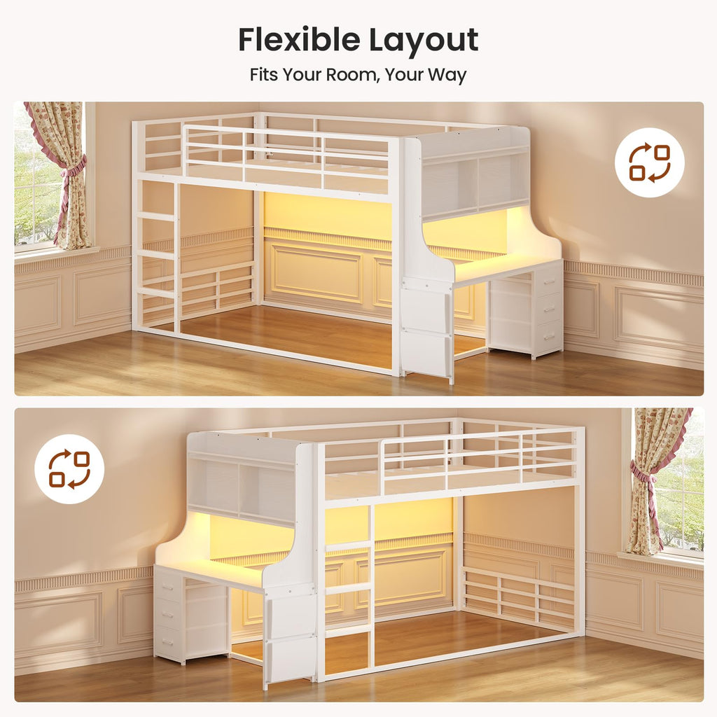 White Twin Over Twin Low Bunk Bed with Desk & 3 Storage Drawers W9035