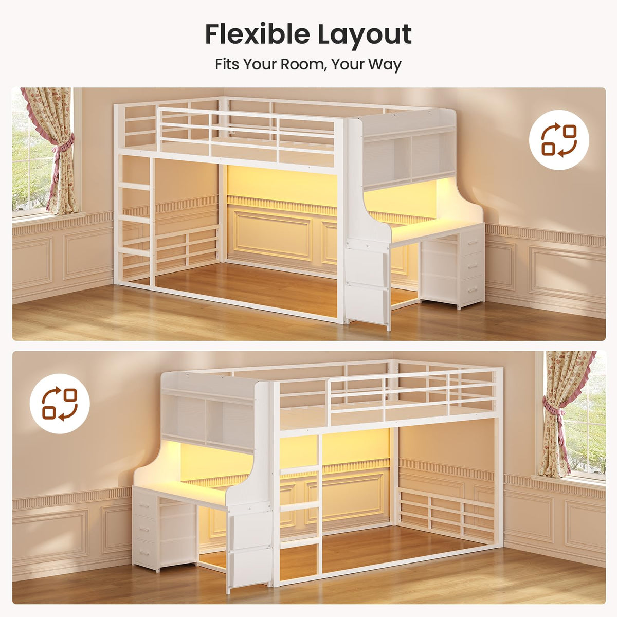 White Twin Over Twin Low Bunk Bed with Desk & 3 Storage Drawers W9035