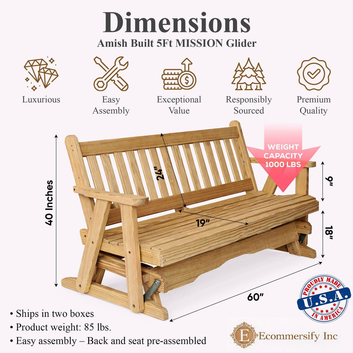 5 FT Natural Solid Pine Wood Glider Bench for 3 Person S8114