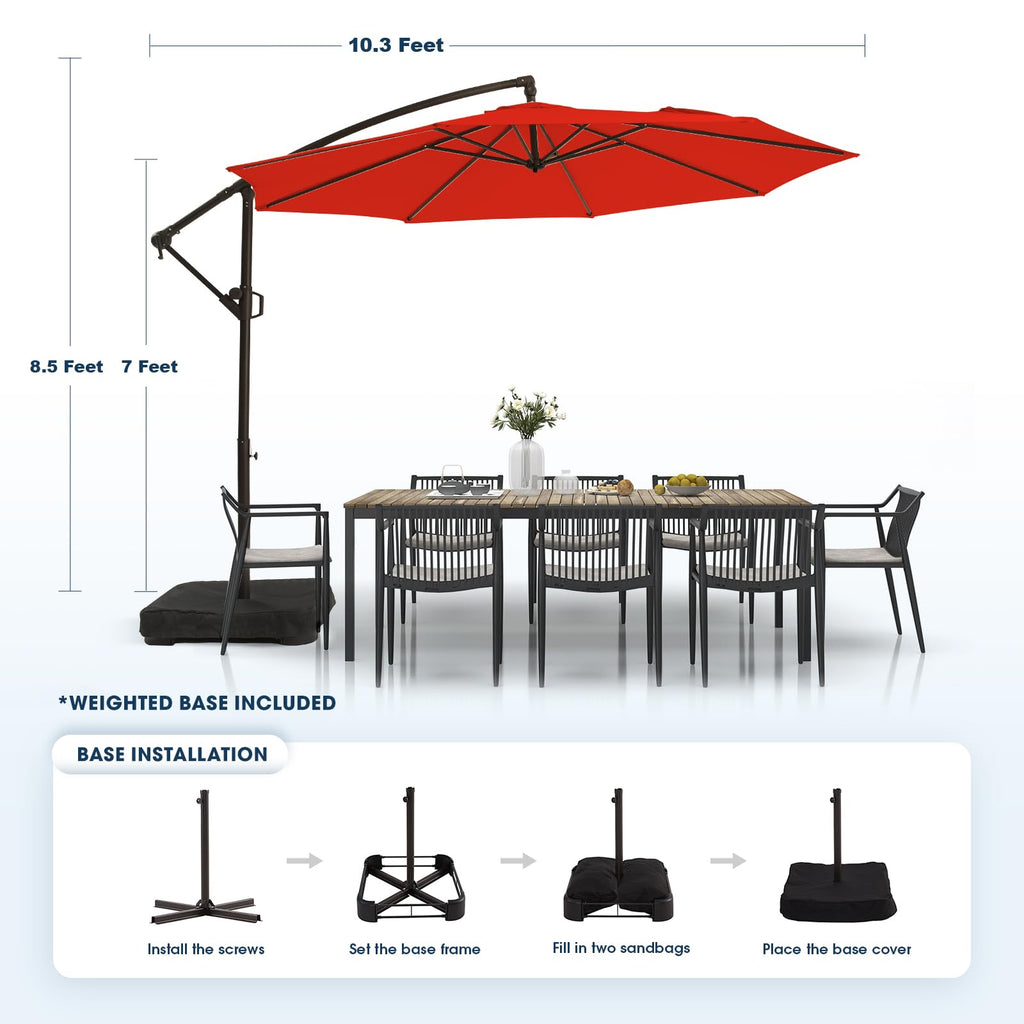 10ft Orange Red Offset Cantilever Patio Umbrella with Base S602166