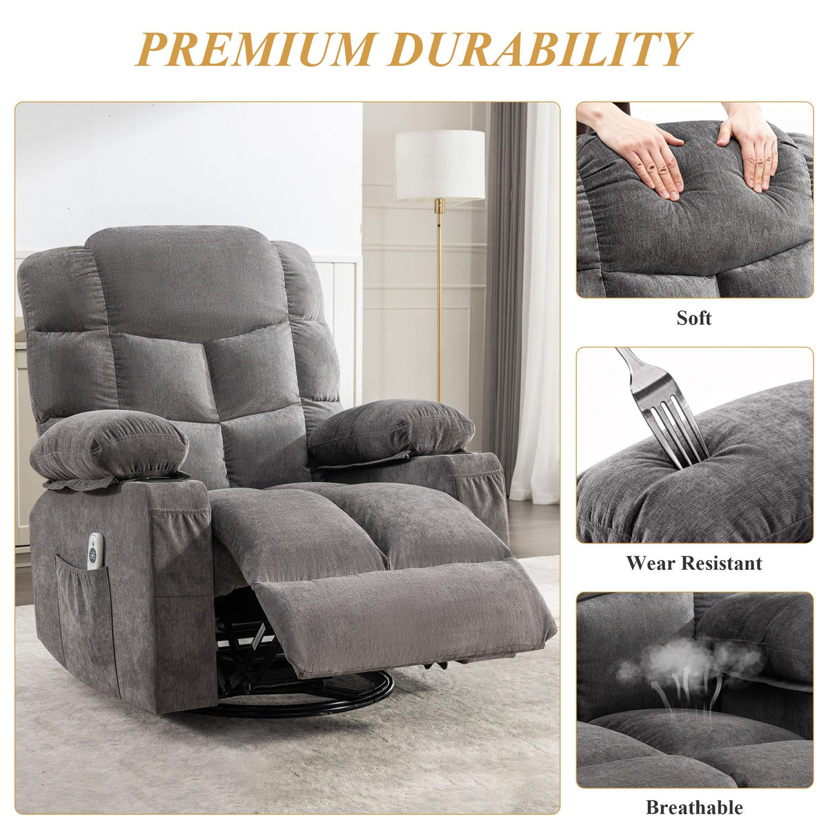 Swivel Rocker Recliner Chair with Massage and Heat A161