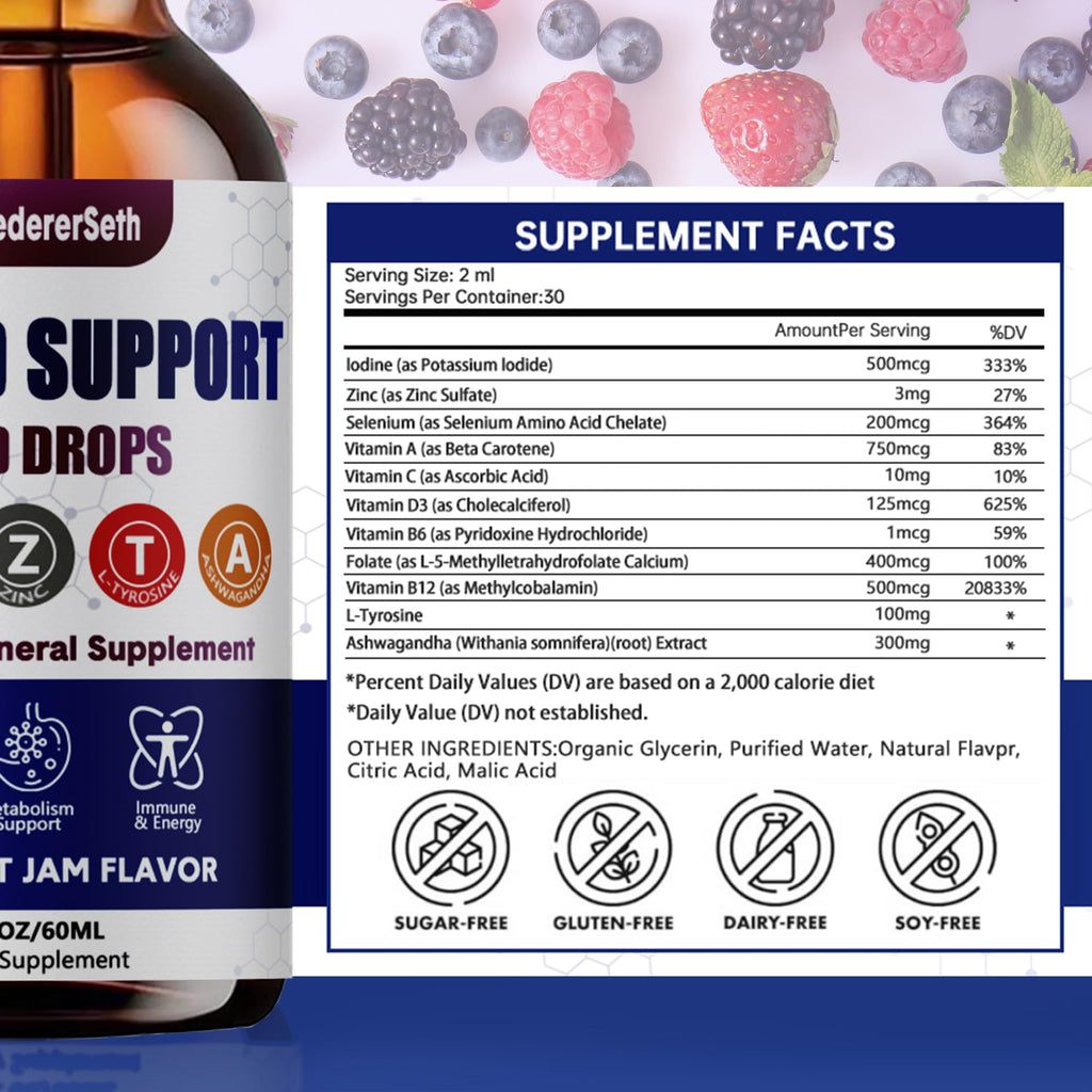 Liquid Thyroid Support Supplement with Selenium Zinc Iodine 2 Fl. Oz Q700813