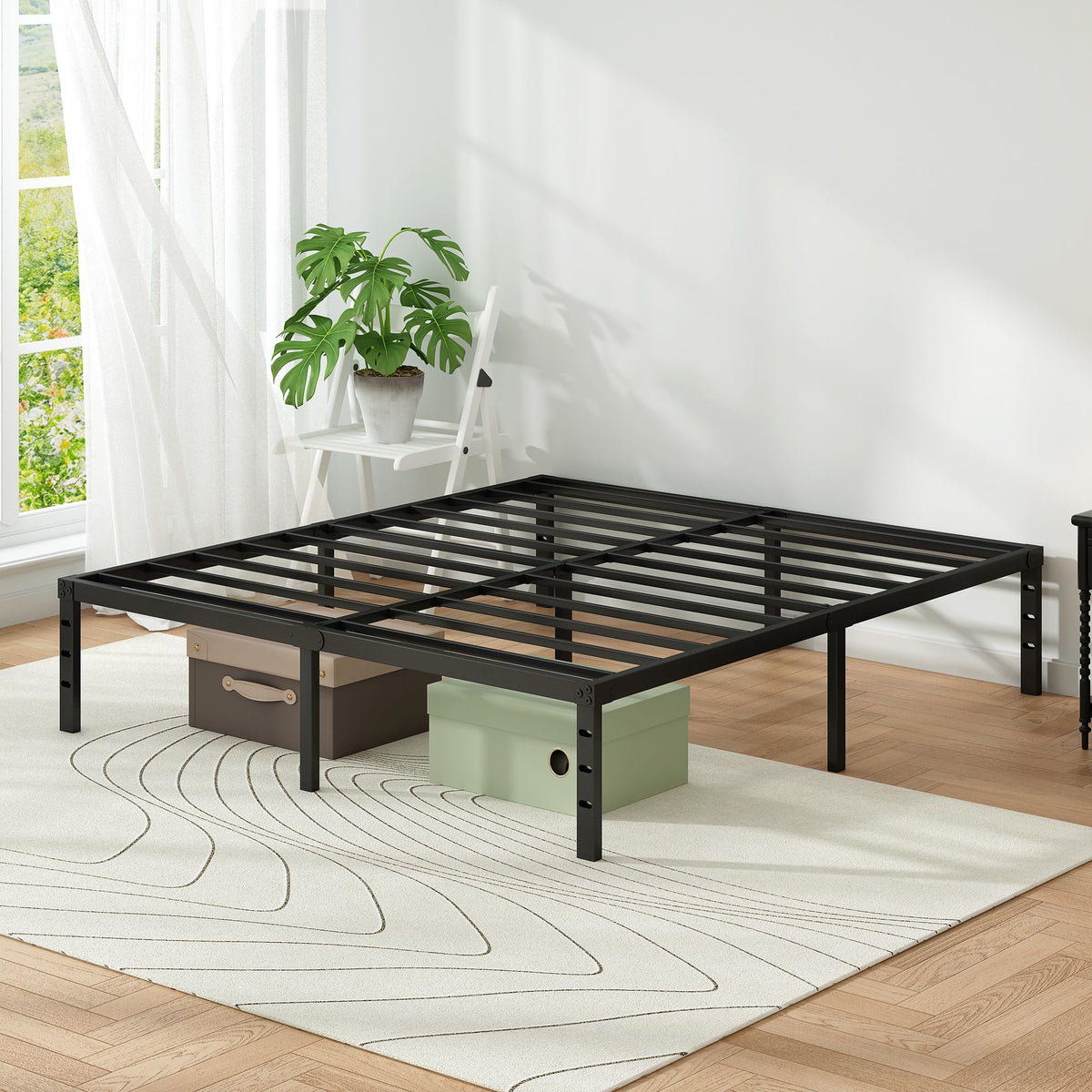 Black Metal Platform Bed Frame Full Size, 18 Inch Height with Underbed Storage V3820