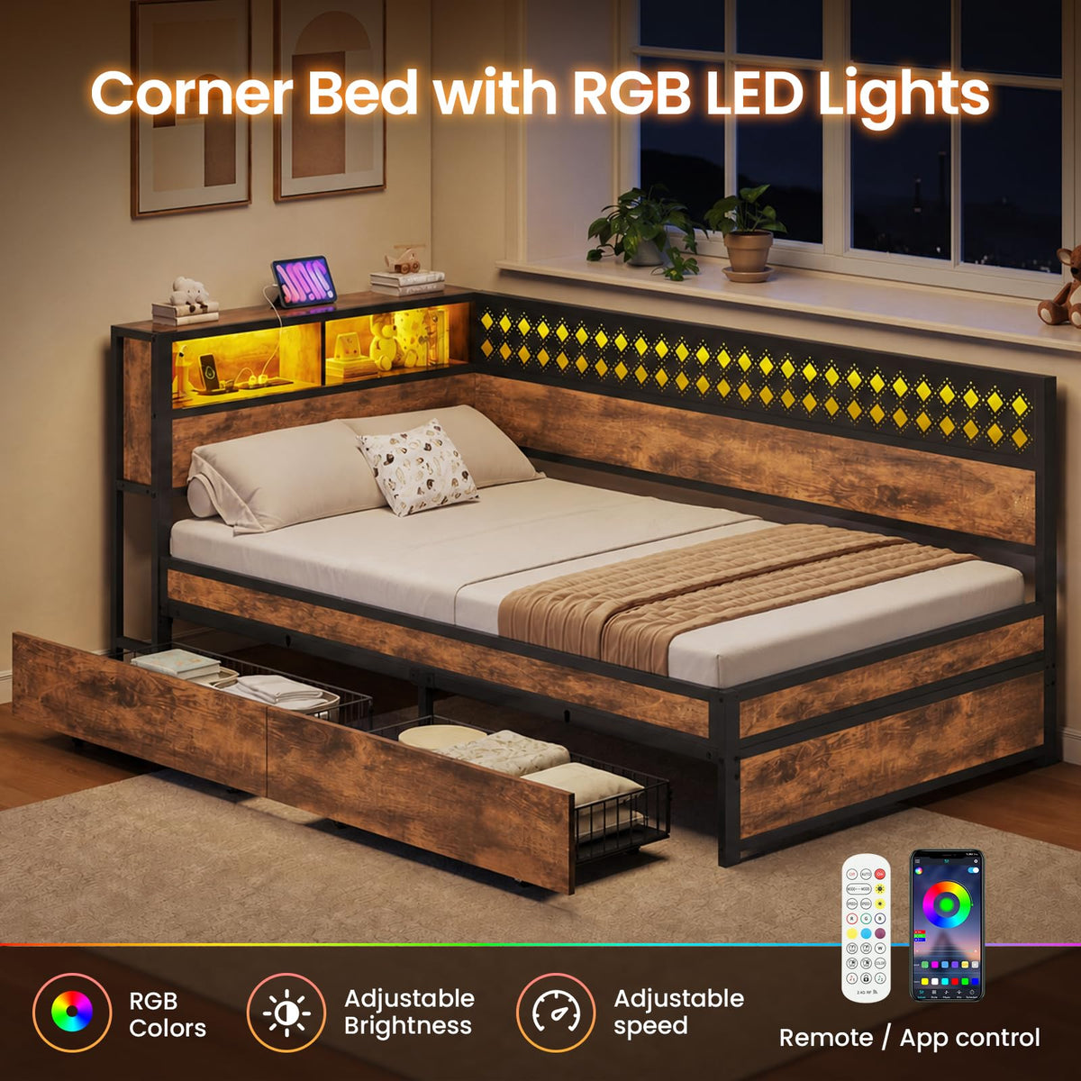 Twin Corner Bed Frame with Mattress and 2 Storage Drawers U1489