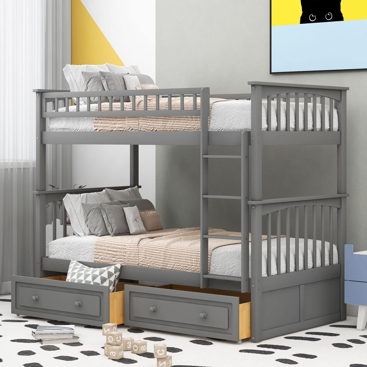 Grey Convertible Wood Twin-Over-Twin Bunk Bed with Storage Drawers and Ladder T538