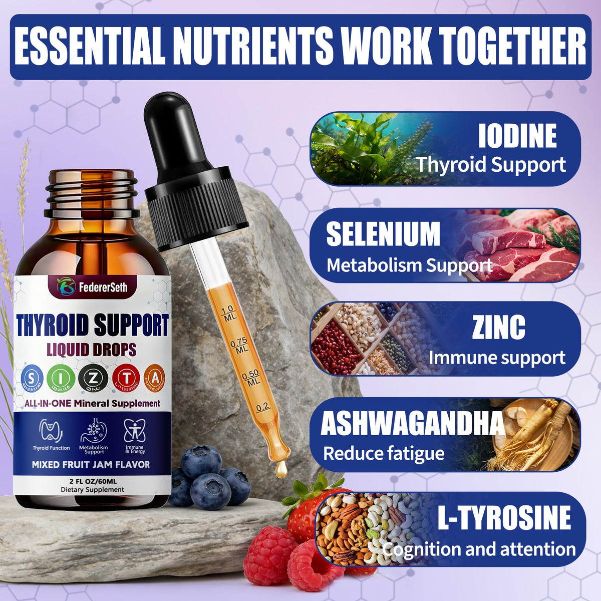 Liquid Thyroid Support Supplement with Selenium Zinc Iodine 2 Fl. Oz Q700813