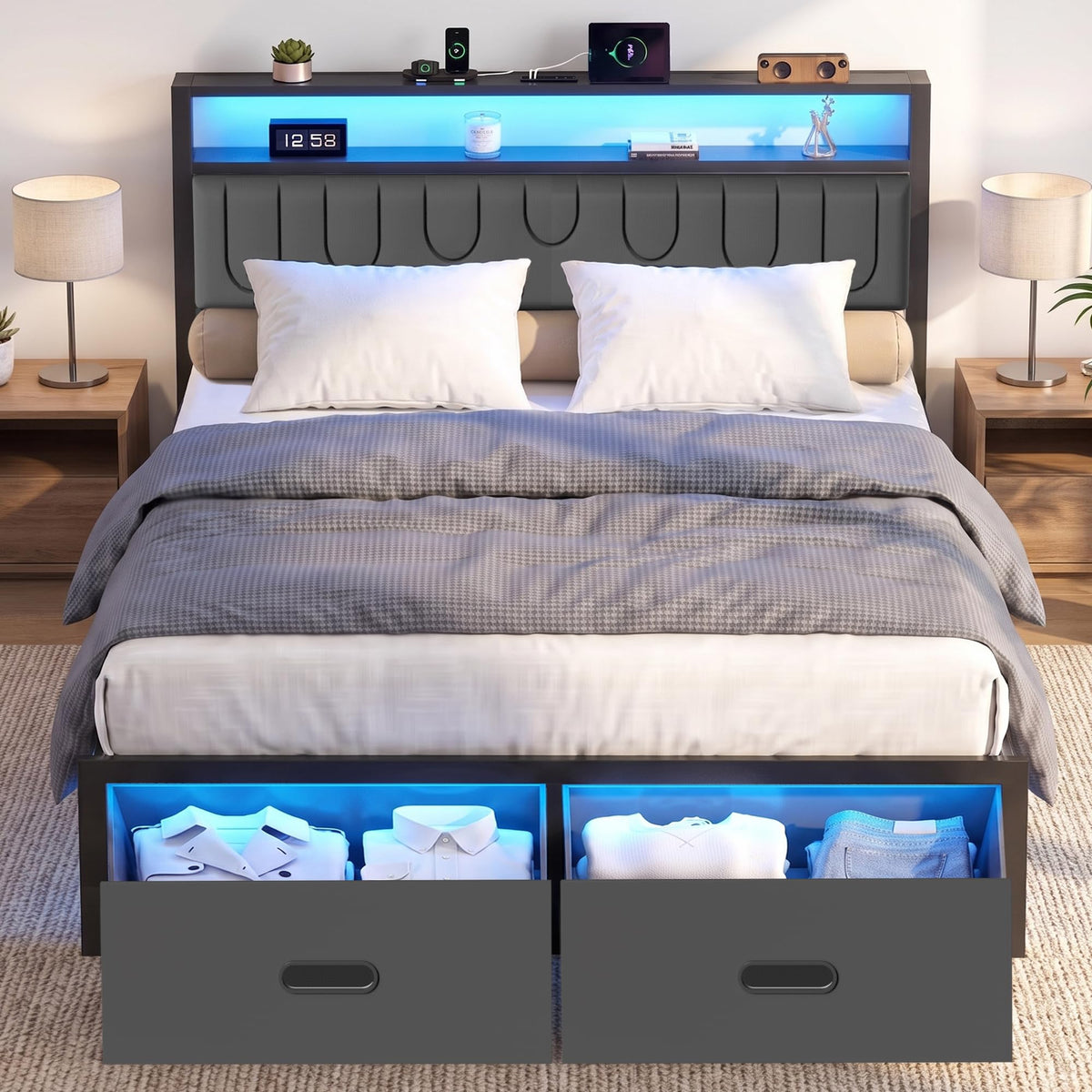 Full Bed Frame with 2 Drawers, LED Lights and Charging Station E5696