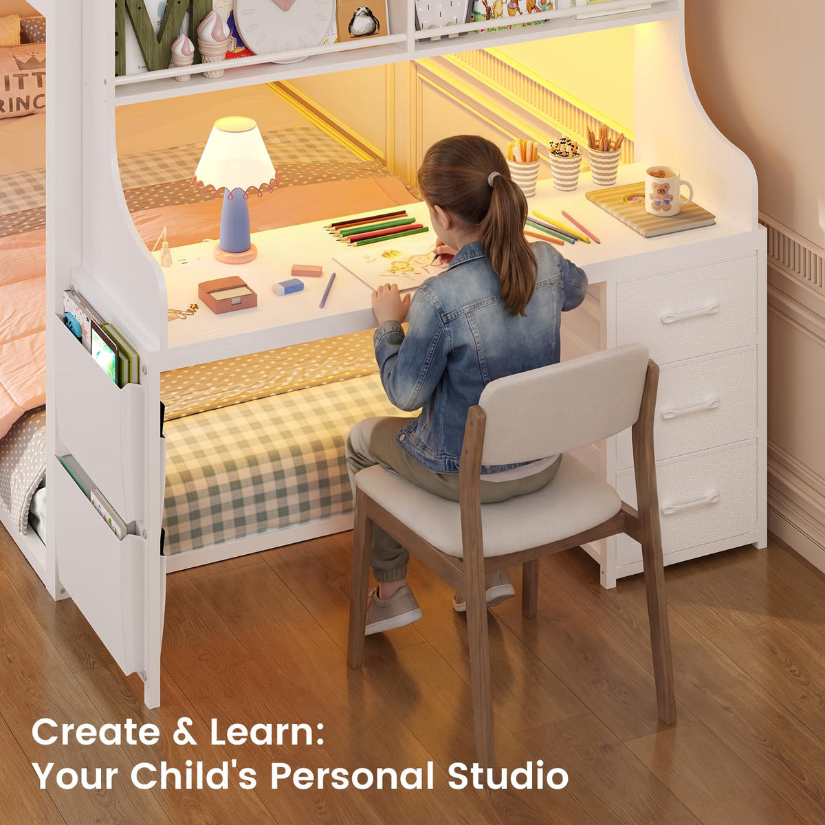 White Twin Over Twin Low Bunk Bed with Desk & 3 Storage Drawers W9035