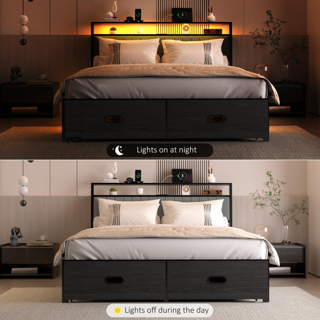 Full Bed Frame with 2 Drawers, LED Lights and Charging Station E5696