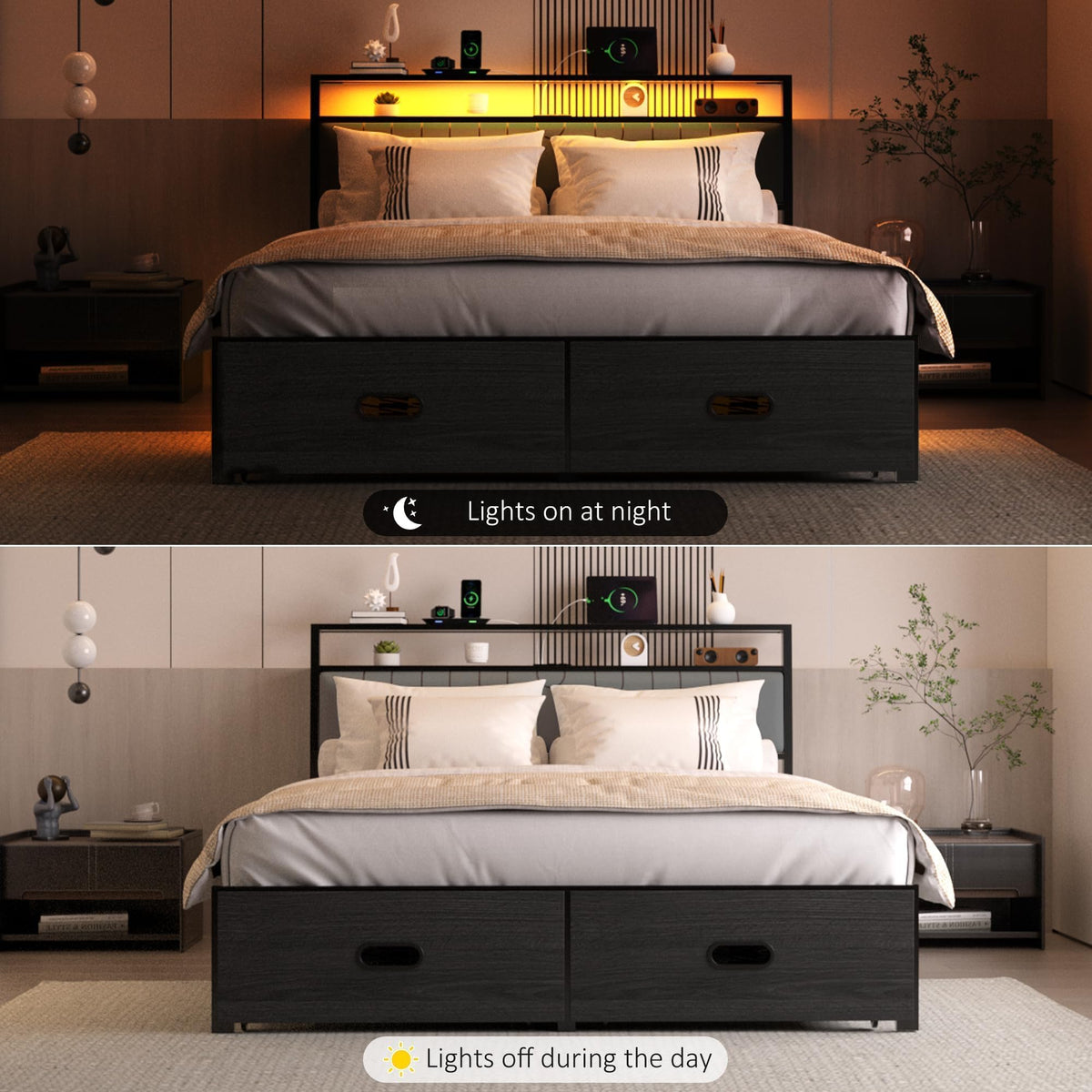 Full Bed Frame with 2 Drawers, LED Lights and Charging Station E5696