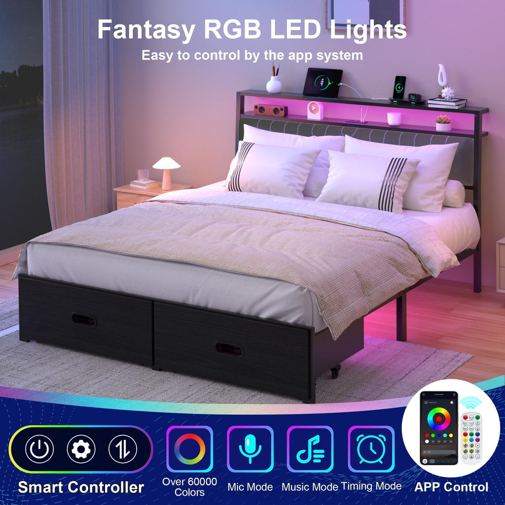 Full Bed Frame with 2 Drawers, LED Lights and Charging Station E5696
