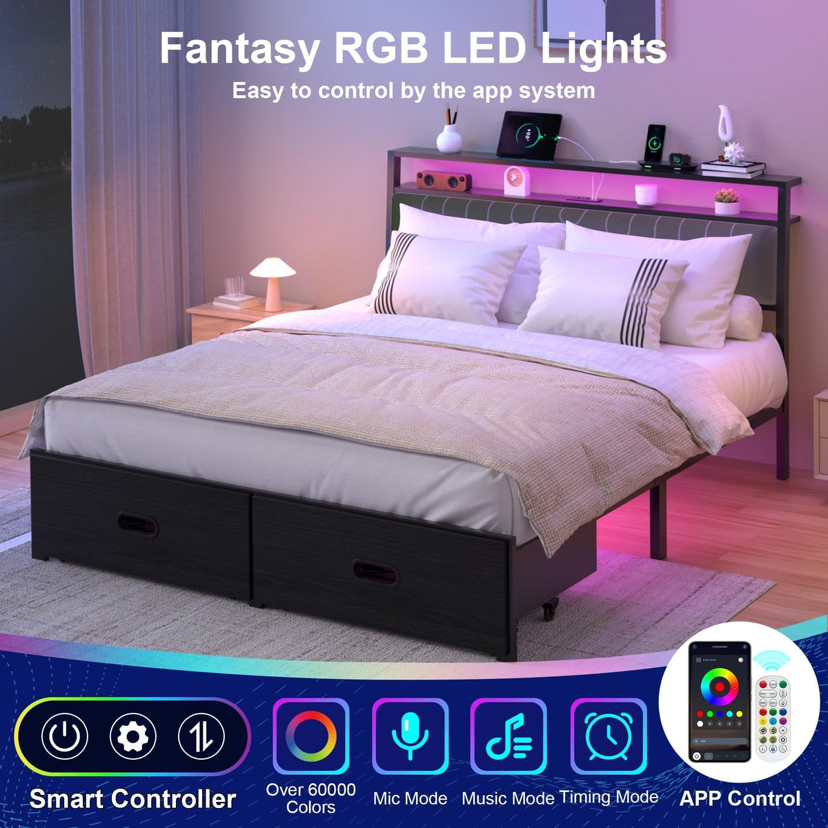 Full Bed Frame with 2 Drawers, LED Lights and Charging Station E5696