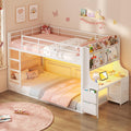 White Twin Over Twin Low Bunk Bed with Desk & 3 Storage Drawers W9035