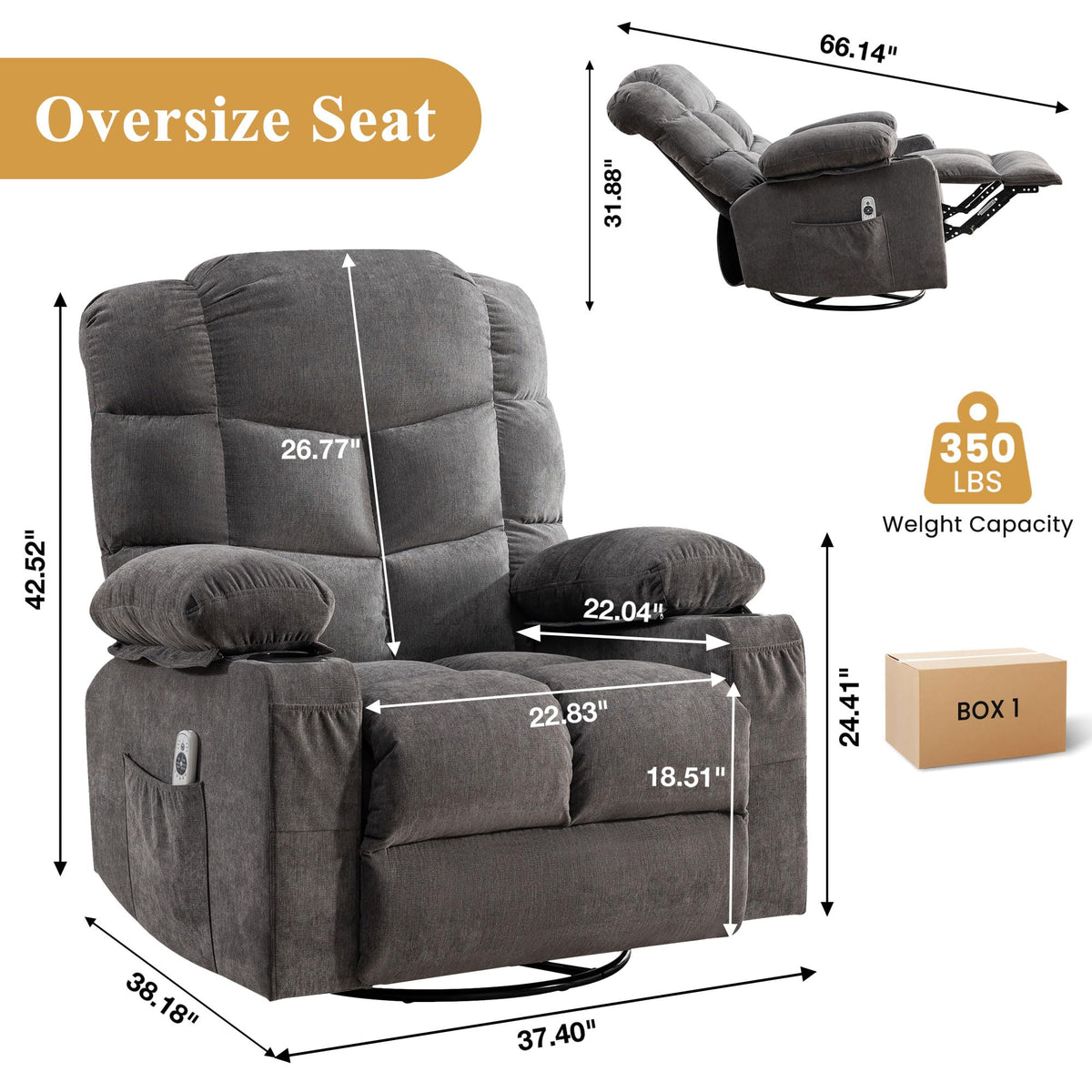 Swivel Rocker Recliner Chair with Massage and Heat A161