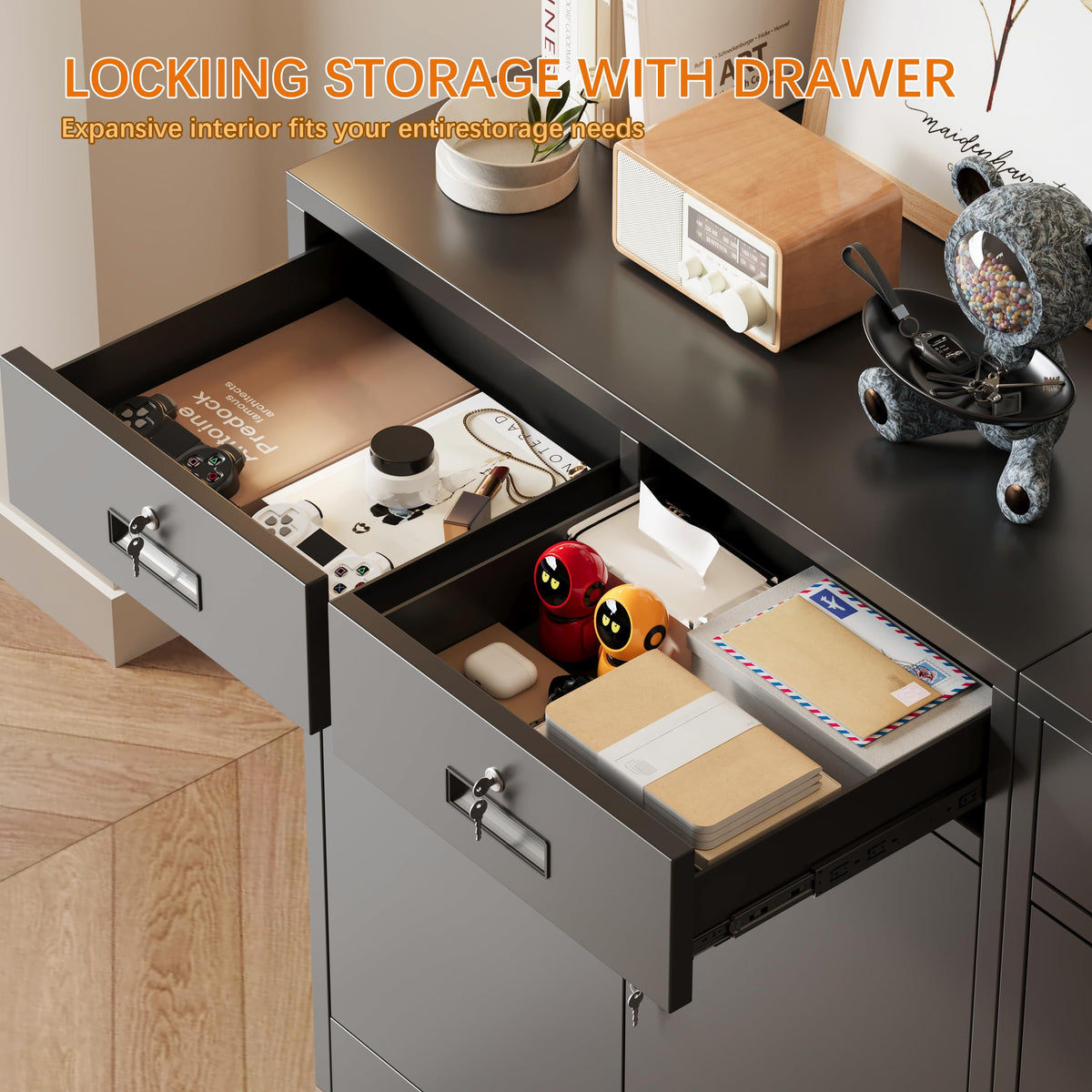 36" H Black Metal Storage Cabinet with 2 Drawers M2930