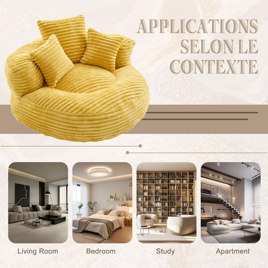 Oversized Corduroy Bean Bag Chair with 3 Pillows I3981
