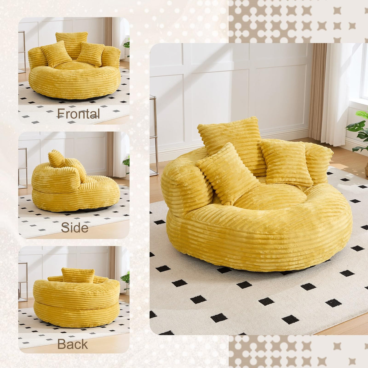 Oversized Corduroy Bean Bag Chair with 3 Pillows I3981