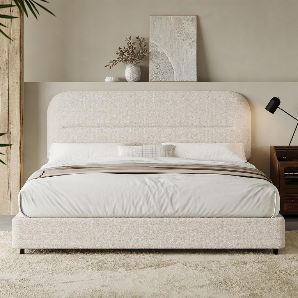 Cream Boucle Upholstered Queen Platform Bed D888