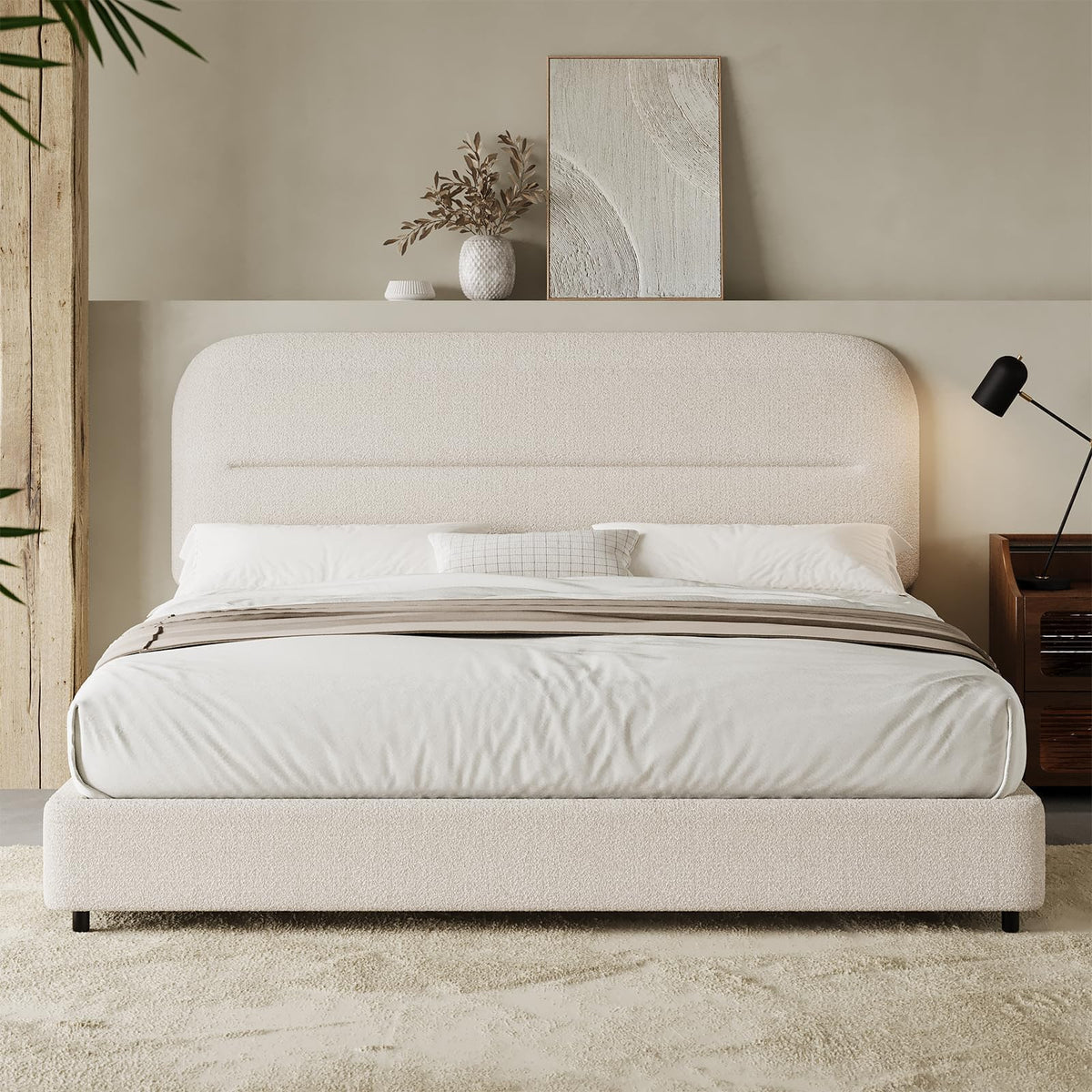Cream Boucle Upholstered Queen Platform Bed D888
