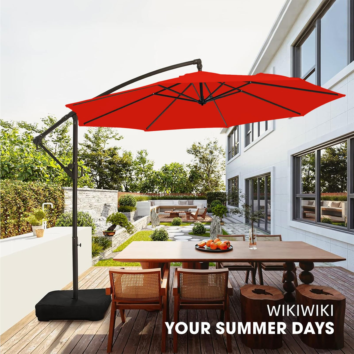 10ft Orange Red Offset Cantilever Patio Umbrella with Base S602166