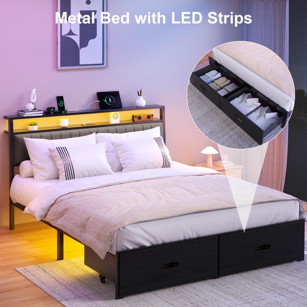 Full Bed Frame with 2 Drawers, LED Lights and Charging Station E5696