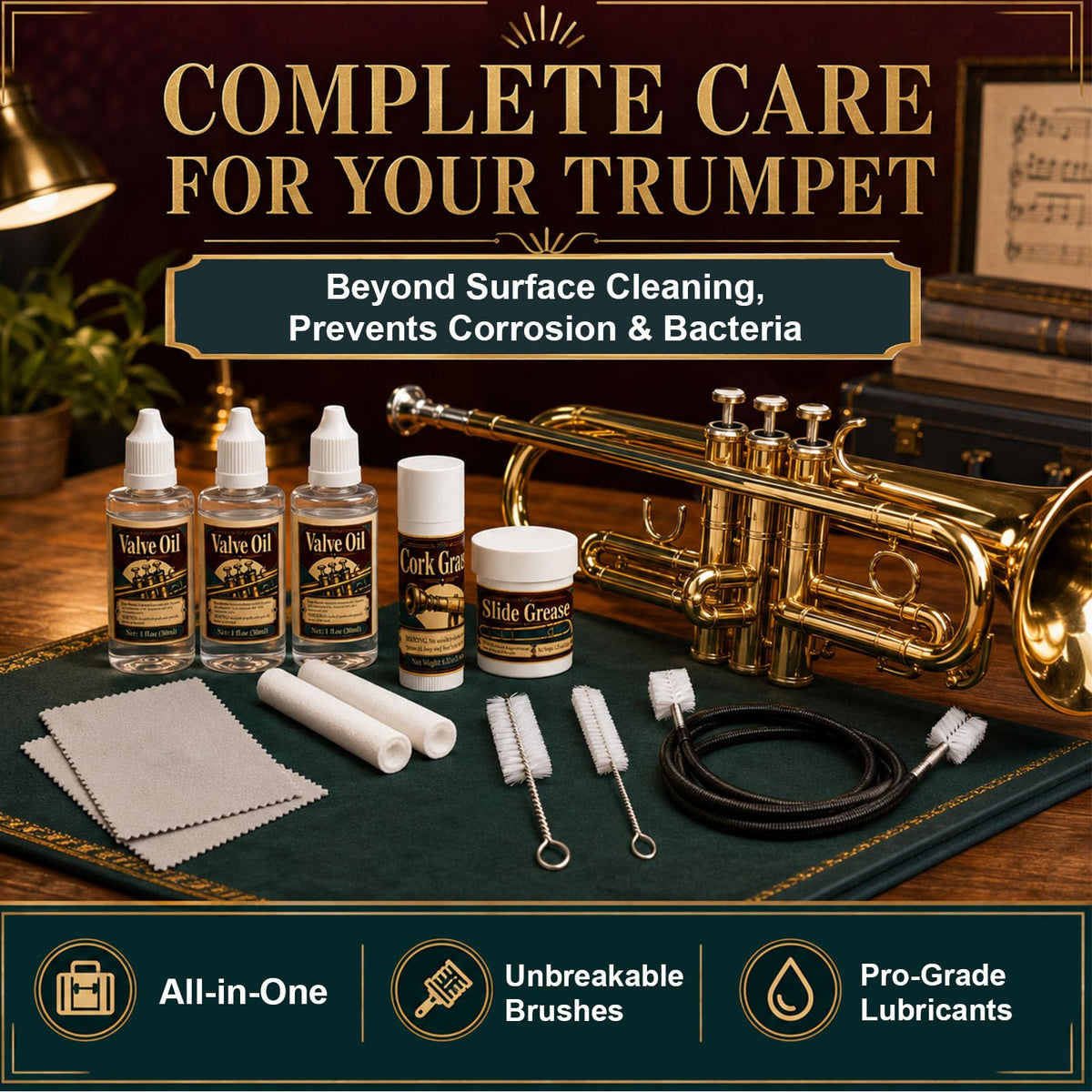 Trumpet Cleaning Kit with Oil, Grease & Brushes Y5325