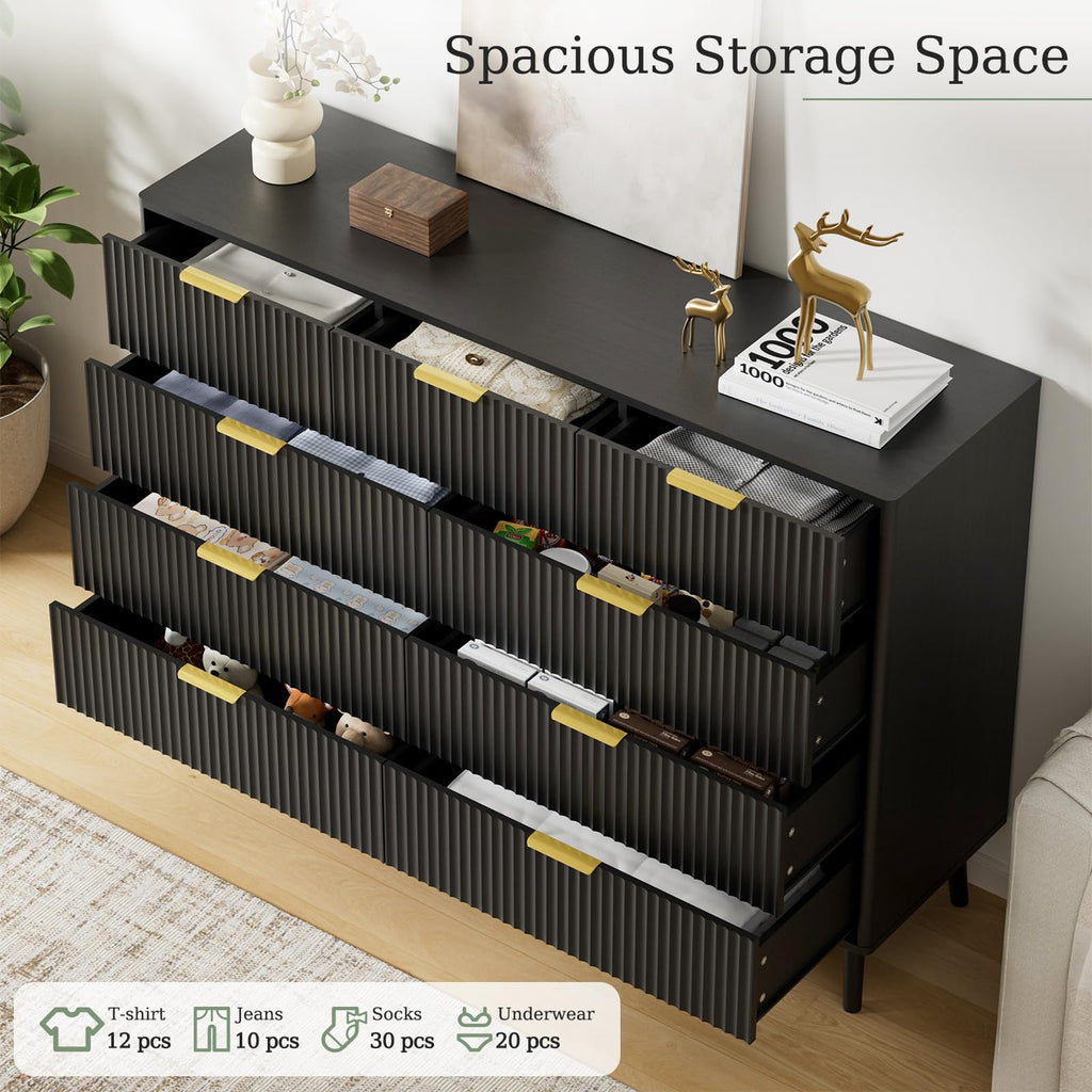 Black 9 Drawer Fluted Wood Dresser T566