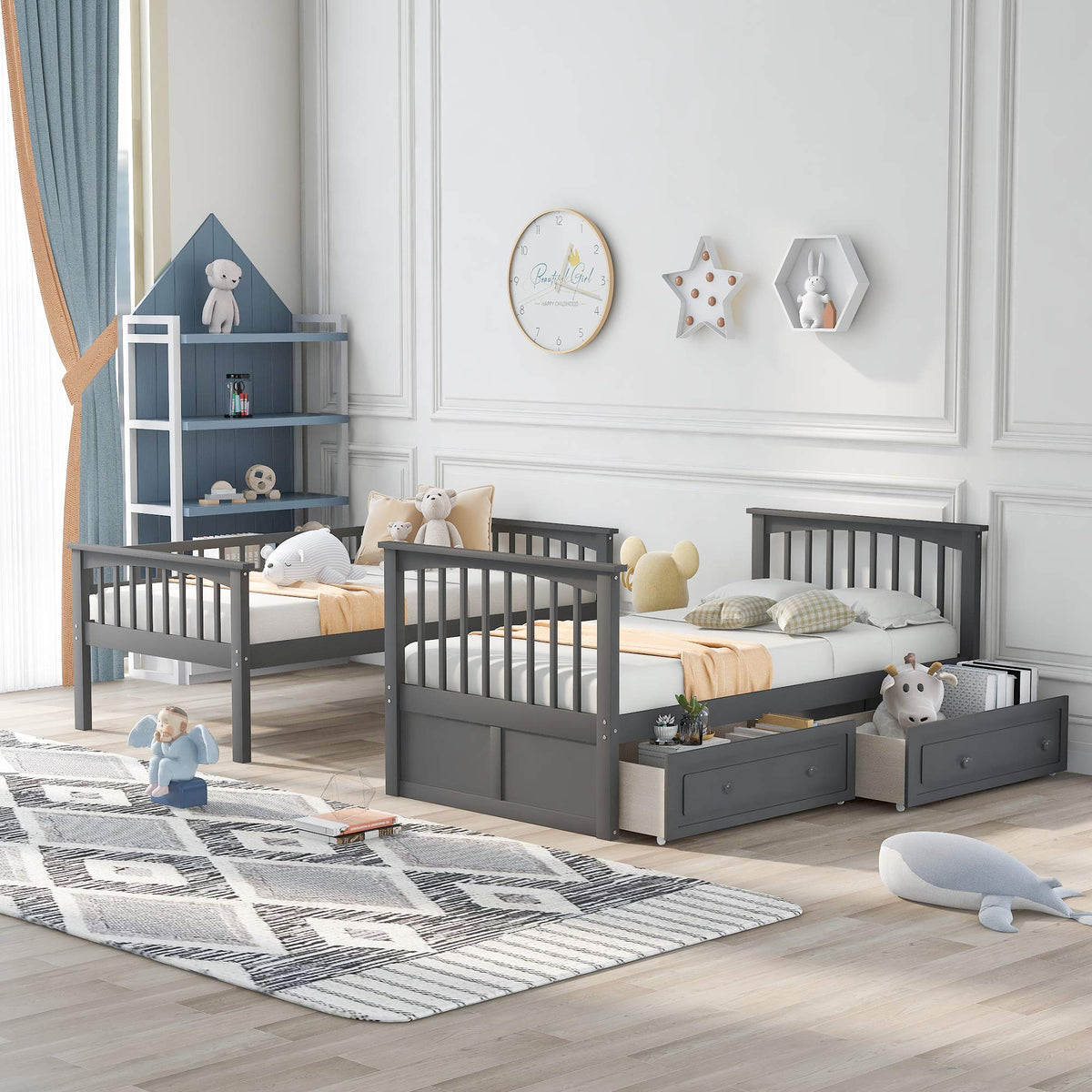 Grey Convertible Wood Twin-Over-Twin Bunk Bed with Storage Drawers and Ladder T538