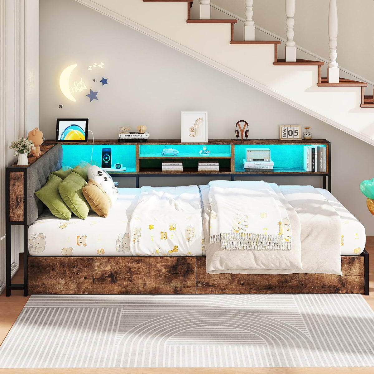 Twin Size Corner Bed Frame with Storage and Headboard Y670