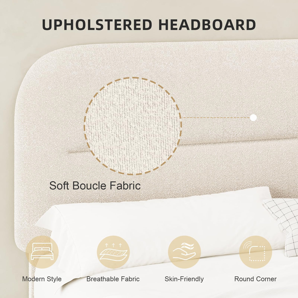 Cream Boucle Upholstered Queen Platform Bed D888