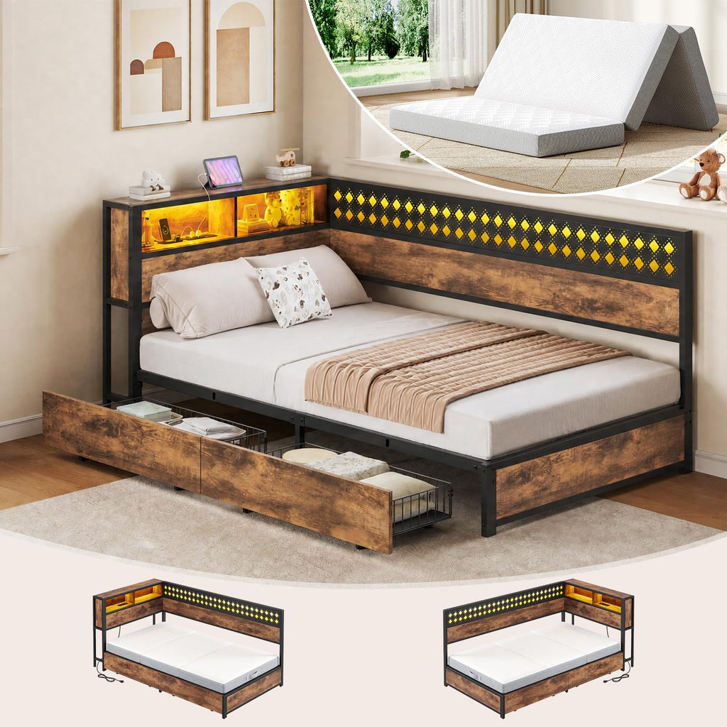 Twin Corner Bed Frame with Mattress and 2 Storage Drawers U1489