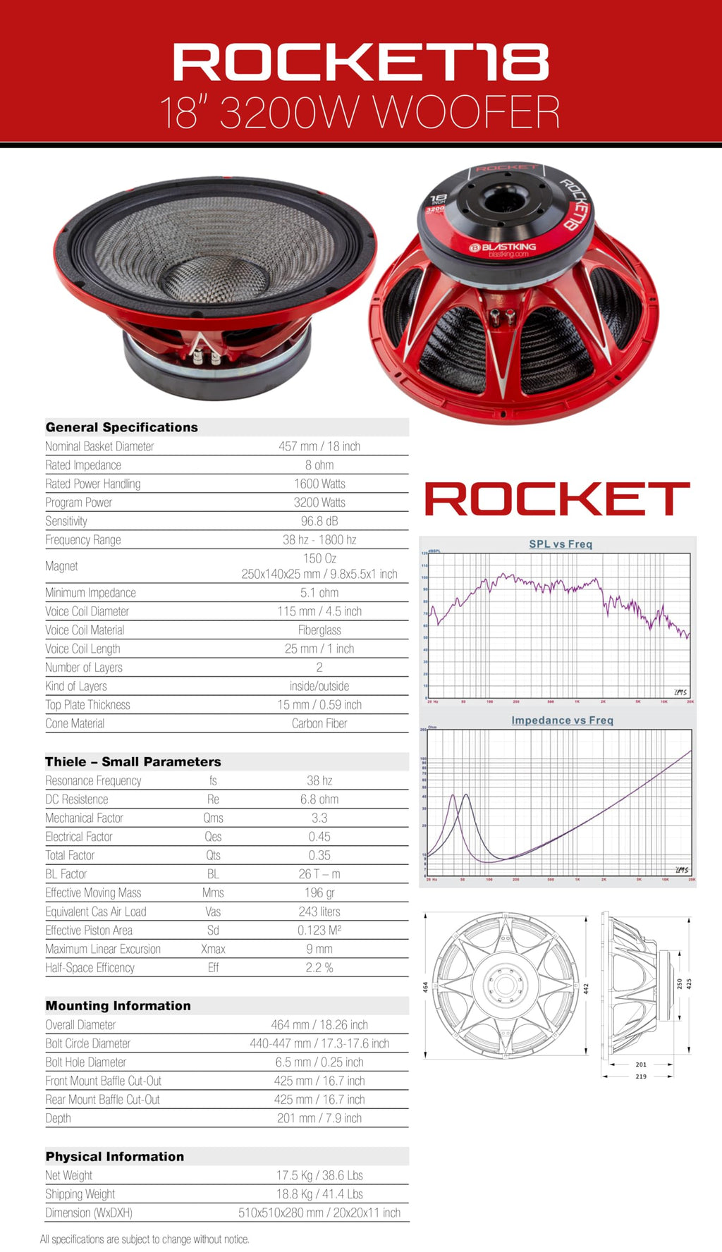 18" 3200W Woofer 8 Ω Carbon-Fiber Cone Subwoofer H70130