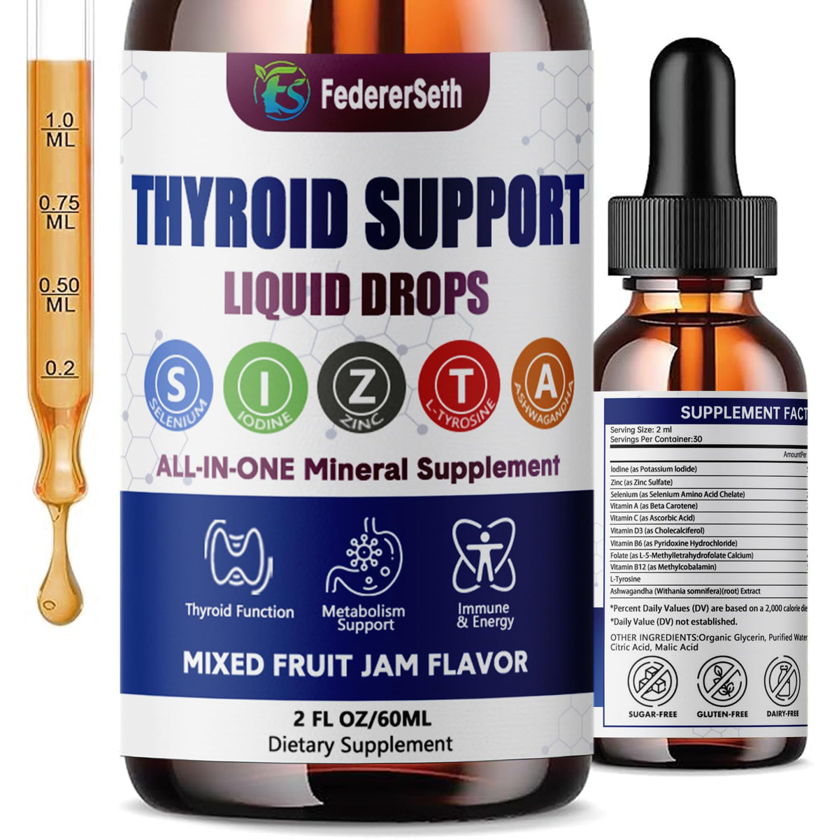Liquid Thyroid Support Supplement with Selenium Zinc Iodine 2 Fl. Oz Q700813