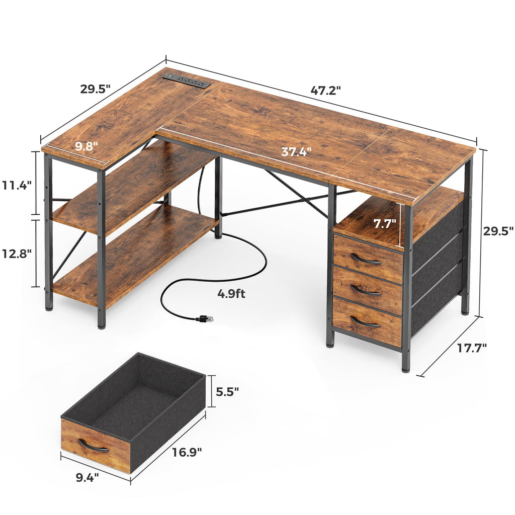L Shaped Office Desk with Power Outlets & 3 Drawers W948