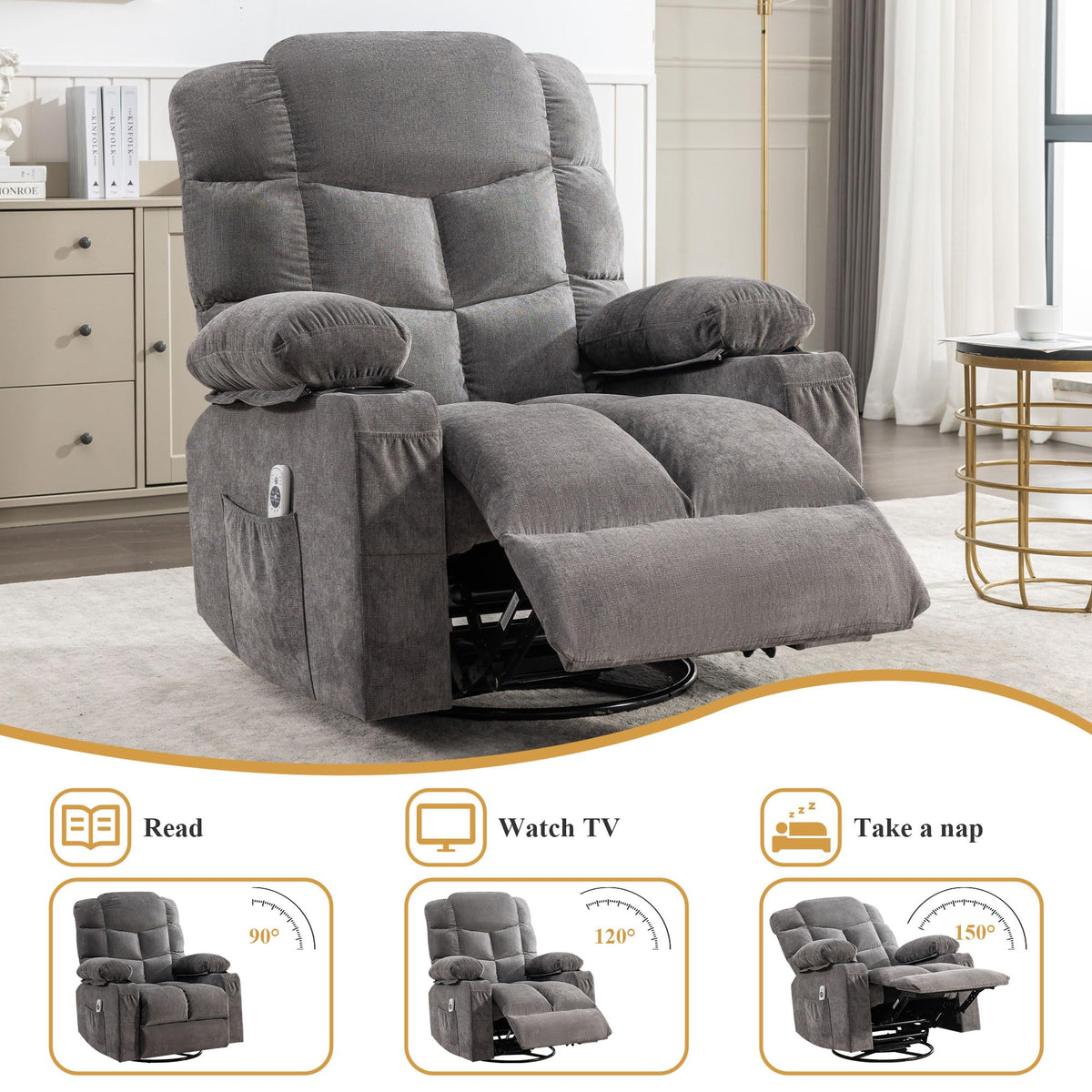 Swivel Rocker Recliner Chair with Massage and Heat A161