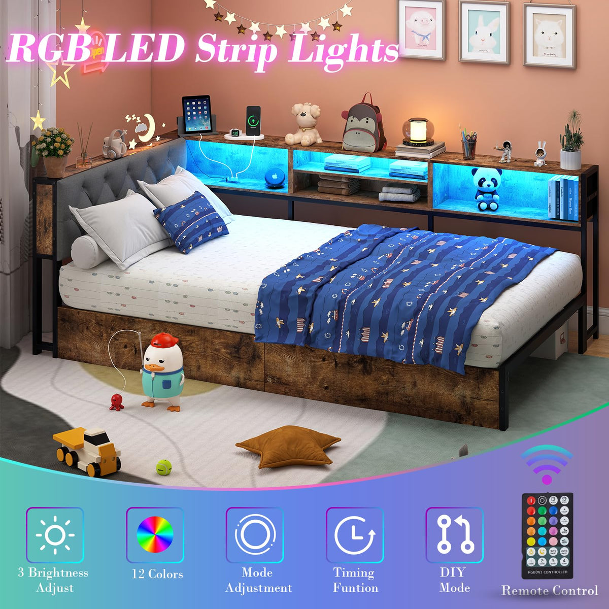 Twin Size Corner Bed Frame with Storage and Headboard Y670