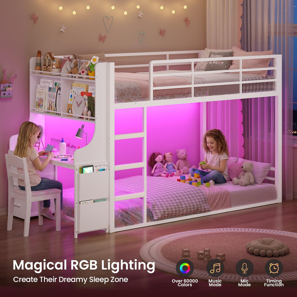 White Twin Over Twin Low Bunk Bed with Desk & 3 Storage Drawers W9035
