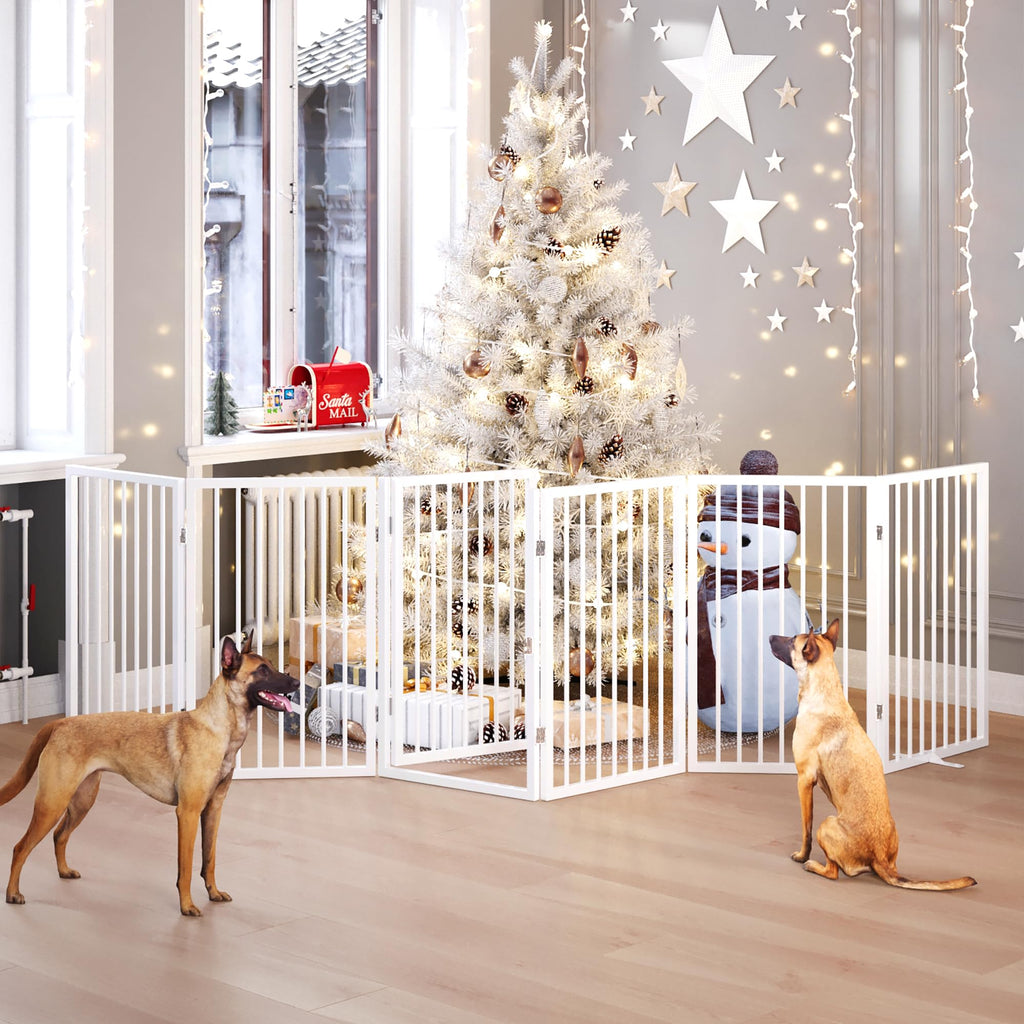 120" x 32" Foldable Freestanding Extra Wide Dog Gate with Door, White V1971