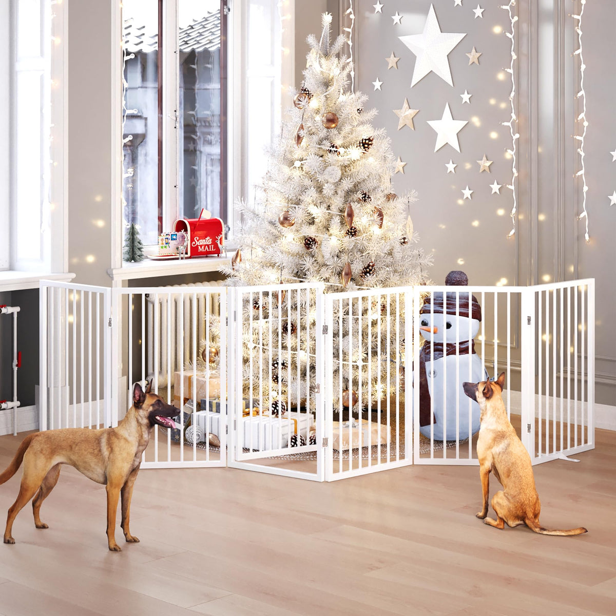 120" x 32" Foldable Freestanding Extra Wide Dog Gate with Door, White V1971