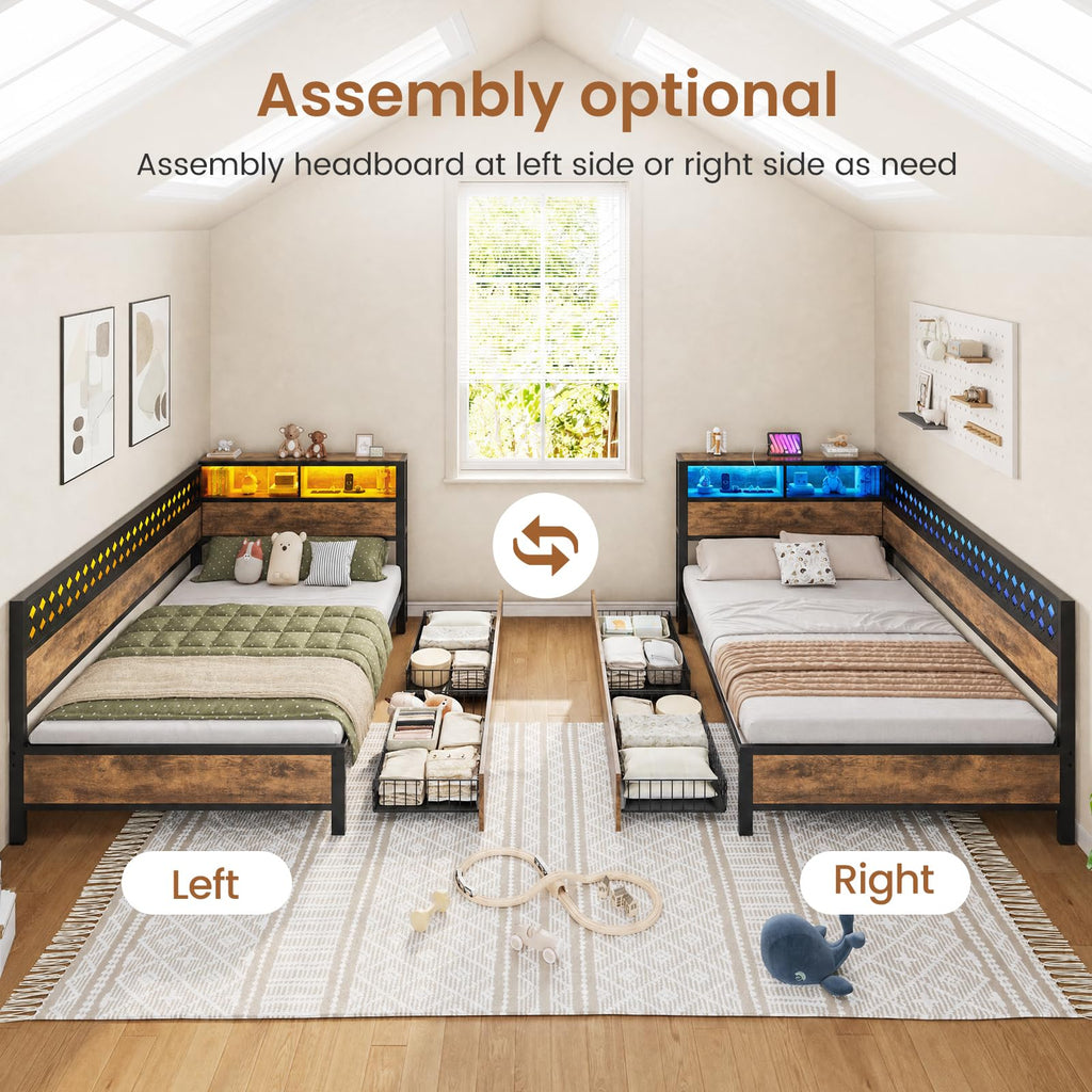 Twin Corner Bed Frame with Mattress and 2 Storage Drawers U1489