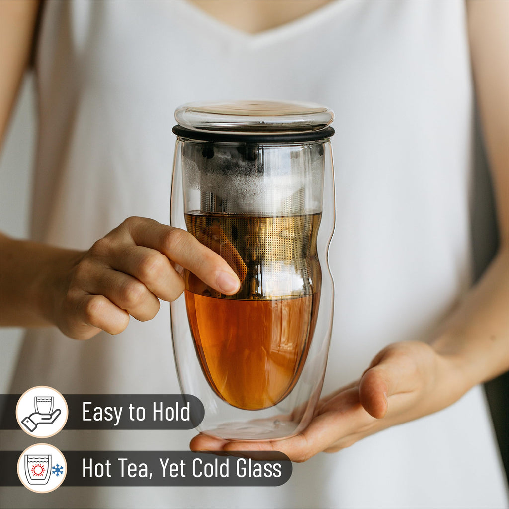 Double Wall Glass Tea Cup with Stainless Steel Infuser and Lid, 16 oz, 2 Pack I97106