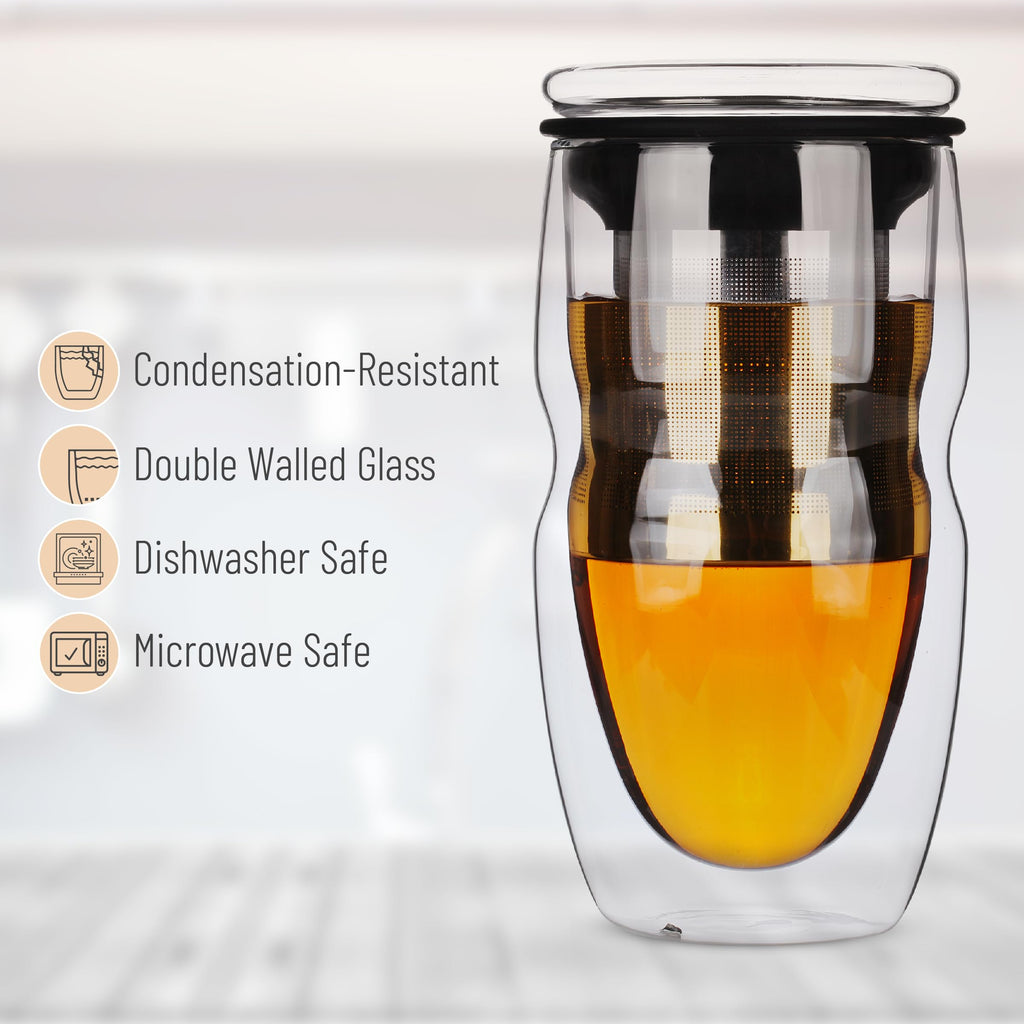 Double Wall Glass Tea Cup with Stainless Steel Infuser and Lid, 16 oz, 2 Pack I97106